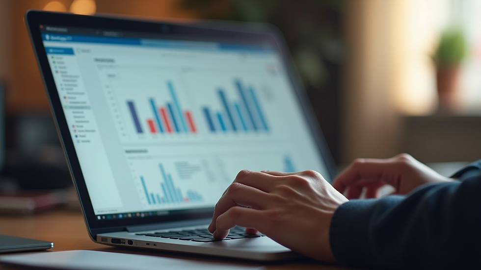 Eye-level view of a person using a laptop to analyze social media metrics