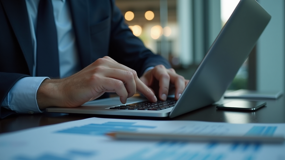 Eye-level view of a business professional analyzing data on a laptop