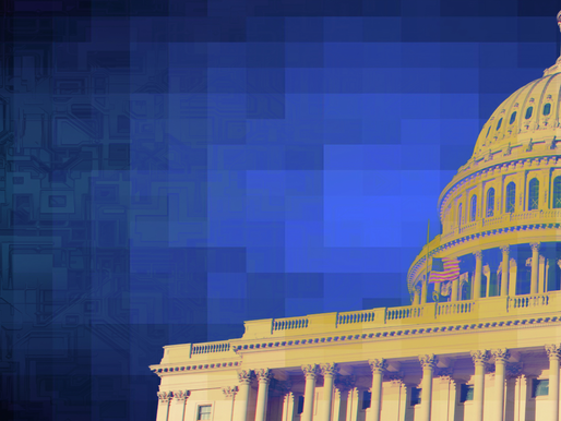 Capitol building fading into pixeled tech design