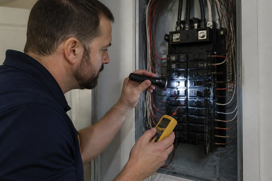 Professional home inspector using a flashlight and moisture meter to assess an electrical panel in a residential home, examining wiring and connections with focused attention to detail