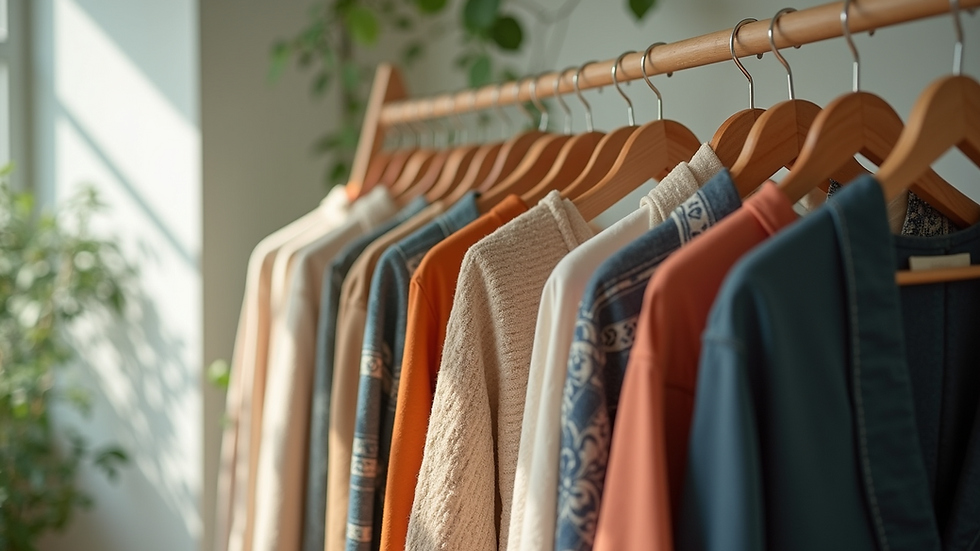 Eye-level view of a clothing rack displaying eco-friendly fabrics