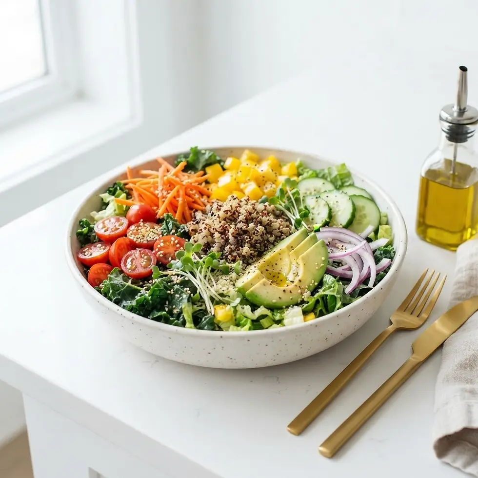 Packshot photography of a fresh, colorful salad with quinoa, avocado, and mixed vegetables. Placed on a white table, ready to eat.