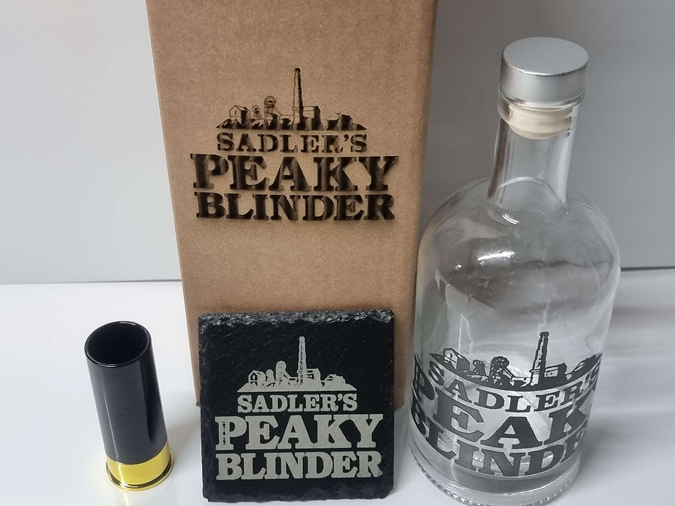 Thumbnail: Peaky Blinders Sadlers black bullet shot glass decanter set personalised