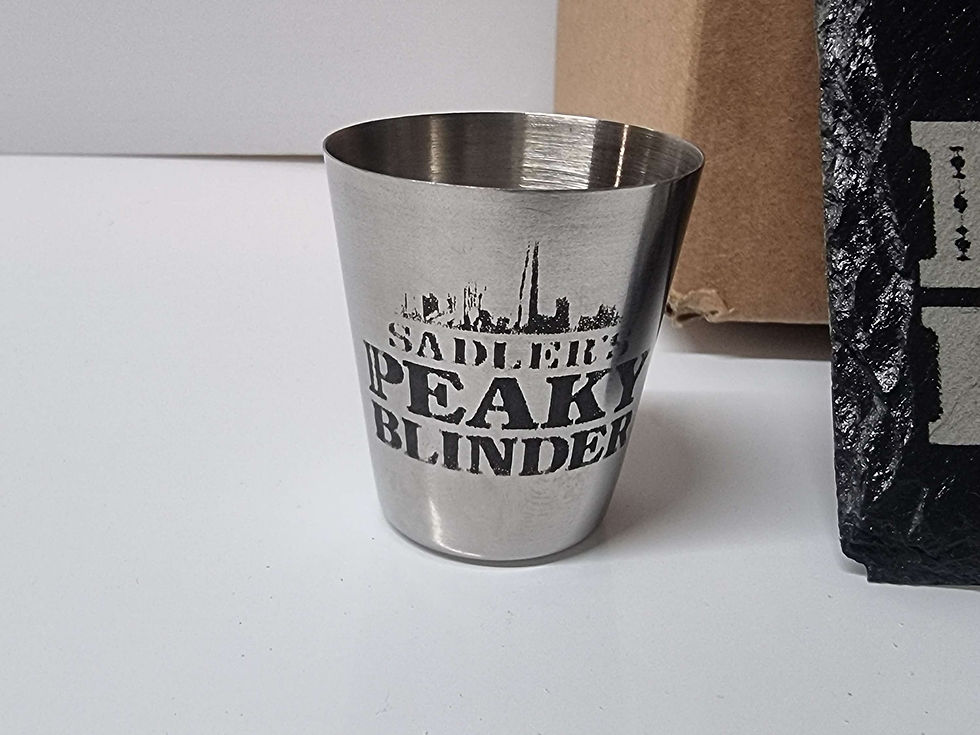 Thumbnail: Peaky Blinders Sadlers black steel small shot glass decanter box set personalise