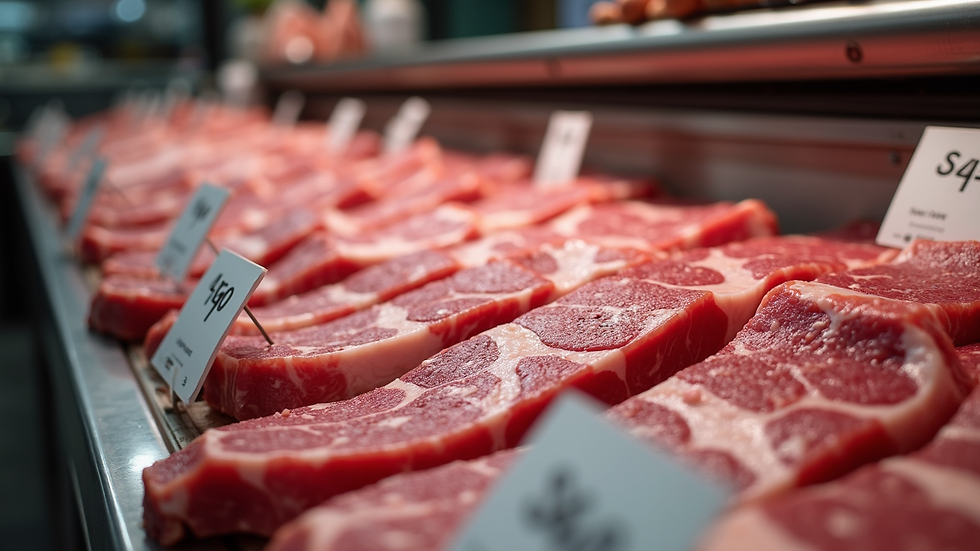 Close-up view of butcher shop meat display with price tags