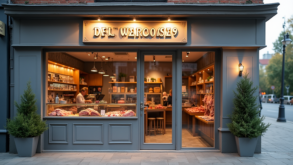 High angle view of a butcher shop storefront with a welcoming sign