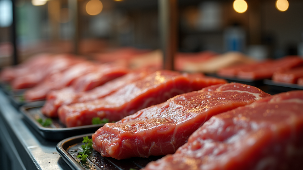 Close-up view of marinated meat packs ready for sale