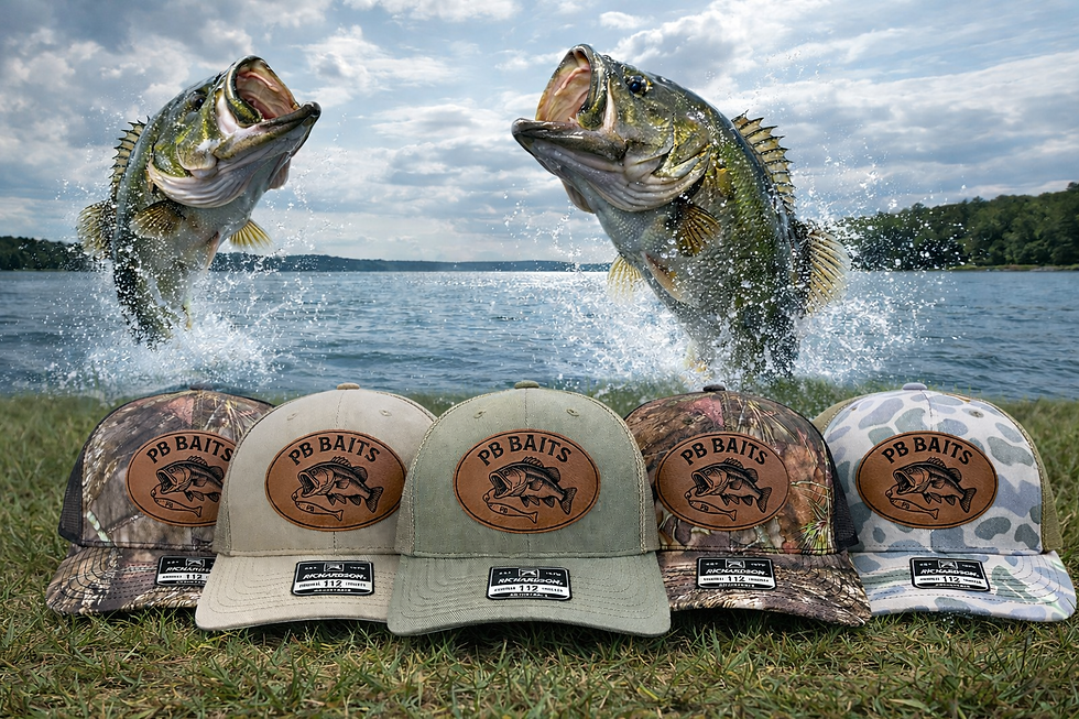 Five P8 BAITS camo hats on grass, two bass jump from lake