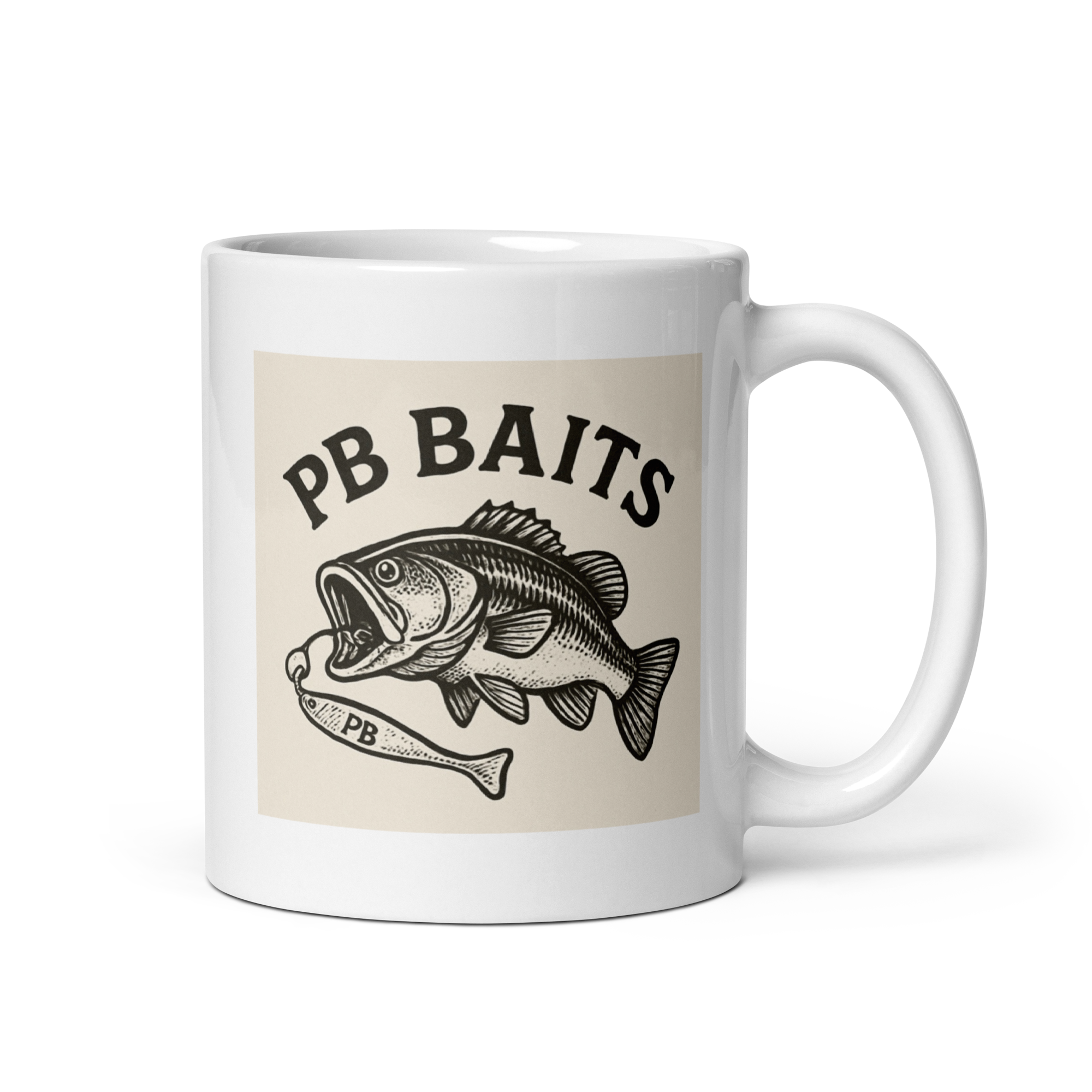 White mug with 'PB BAITS' logo, bass fish eating lure