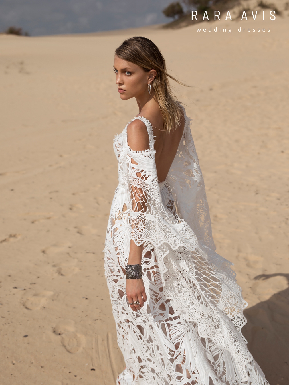Rara Avis lace wedding gown photographed in sand dunes