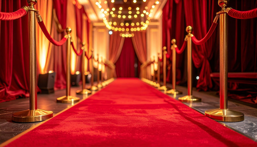 Red carpet pathway lined with gold stanchions and red curtains Perfect for event, awards,
