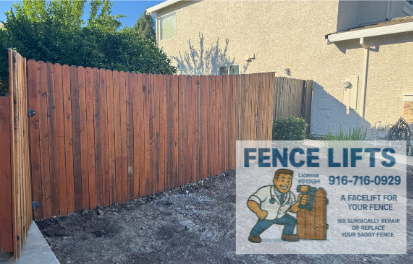 Fence that is stained on the right side of a house with a gate, our logo is transparent on the bottom right hand corner