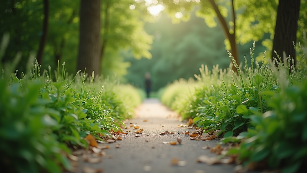 Close-up view of a serene garden path surrounded by lush greenery