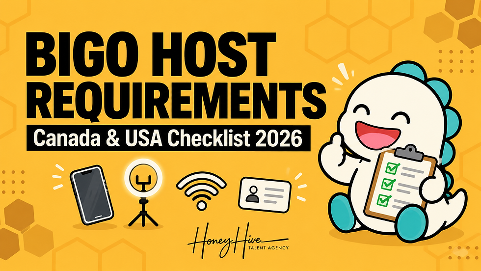 Cartoon dinosaur holding a checklist next to a phone, ring light, wifi and ID icons, for the Honey Hive guide to BIGO LIVE host requirements in Canada and the USA
