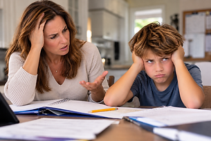 Mother and frustrated son struggling with ADHD-related homework difficulties at home, illustrating challenges with attention, concentration, and parent-child frustration.