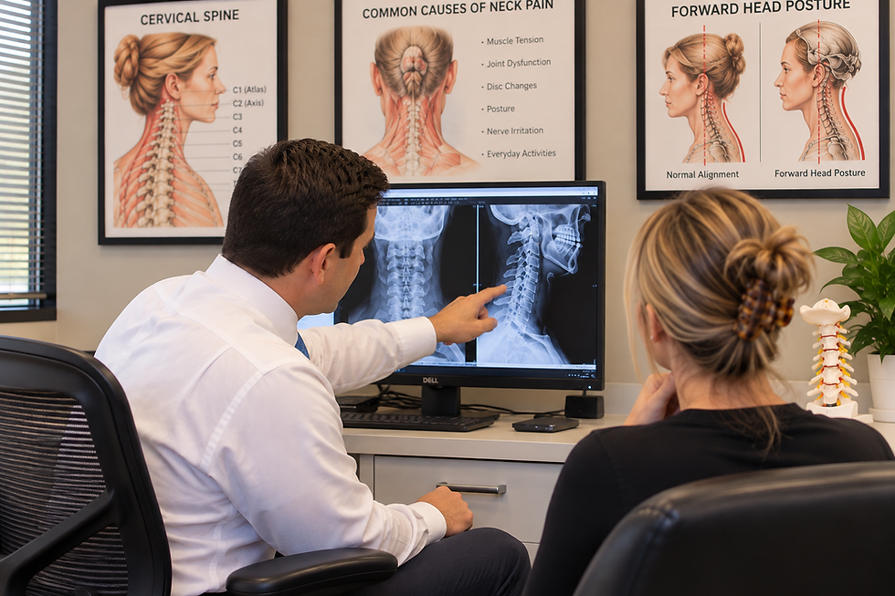 Dr. Stiso, Chiropractic Physician, explaining cervical spine X-rays to a patient, discussing neck alignment, forward head posture, and possible causes of neck pain and headaches.
