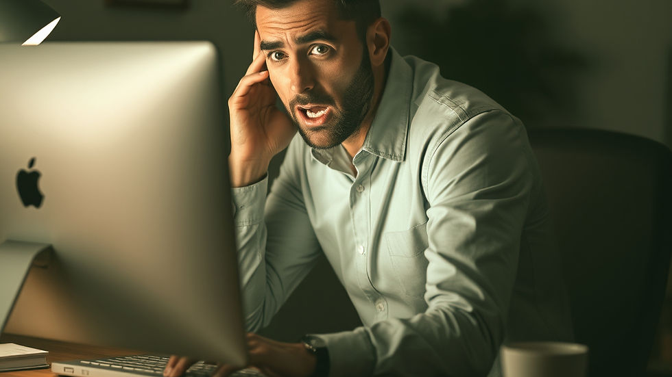 Man with surprised expression at desk, using a large monitor in dimly lit room. Wearing a light shirt, Apple logo visible on screen.