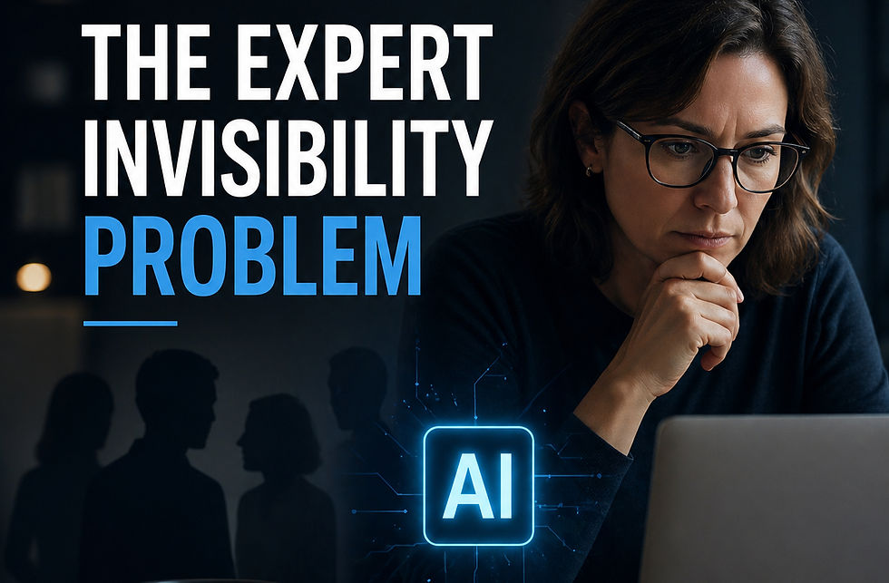 A woman in glasses works on a laptop with a thoughtful expression. Text reads "The Expert Invisibility Problem." Blue AI graphic visible.
