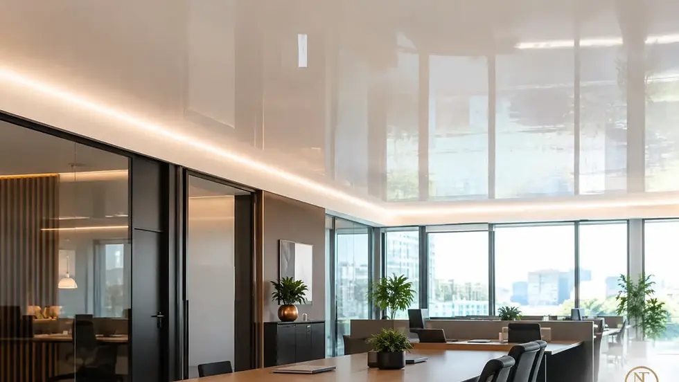 High-gloss stretch ceiling with LED perimeter lighting in an open-plan office