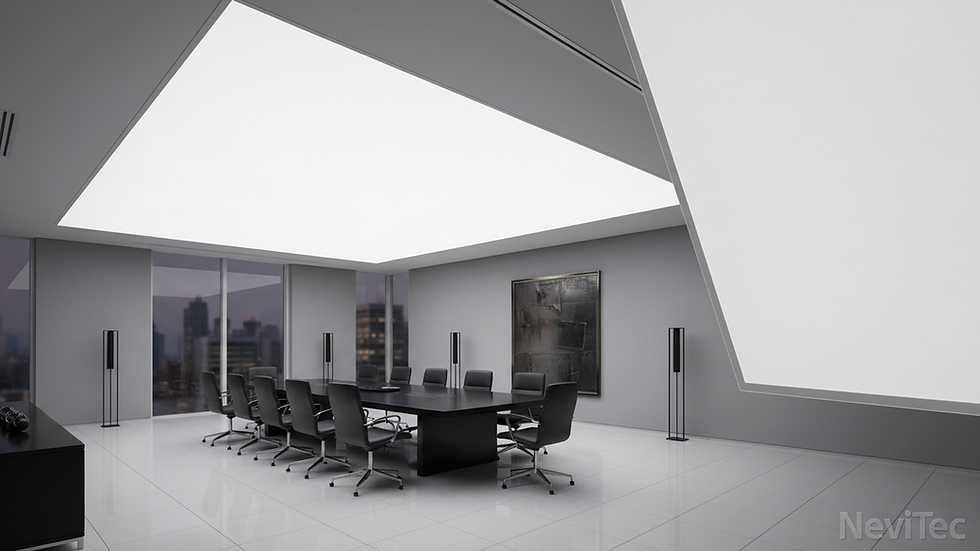 Eye-level view of a modern office space featuring a backlit stretch ceiling with uniform lighting