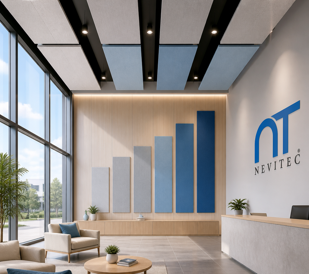 Modern NEVITEC office lobby with blue wall panels, beige seating, reception desk, and tall windows in a bright, calm space.