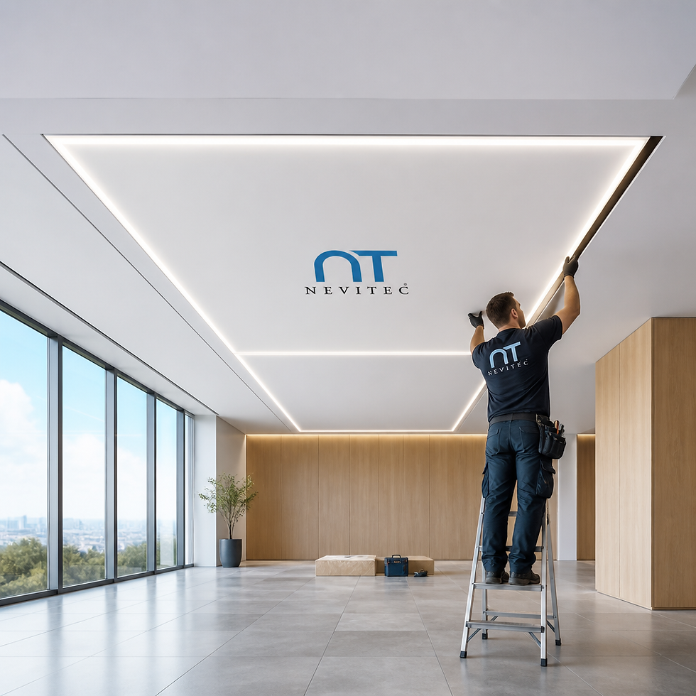 High angle view of stretch ceiling installation process with tools