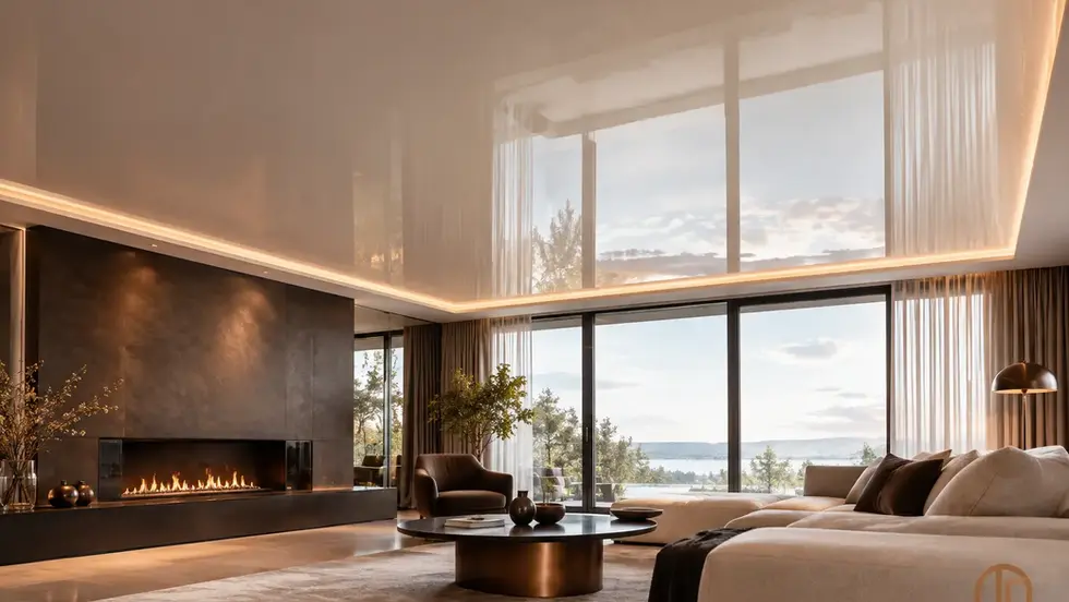 Gloss stretch ceiling with LED cove lighting in a living space