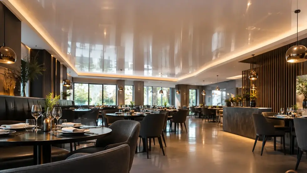Restaurant with a high-gloss stretch ceiling and LED cove lighting