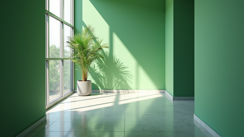 Eye-level view of modern office space with green wall and natural light