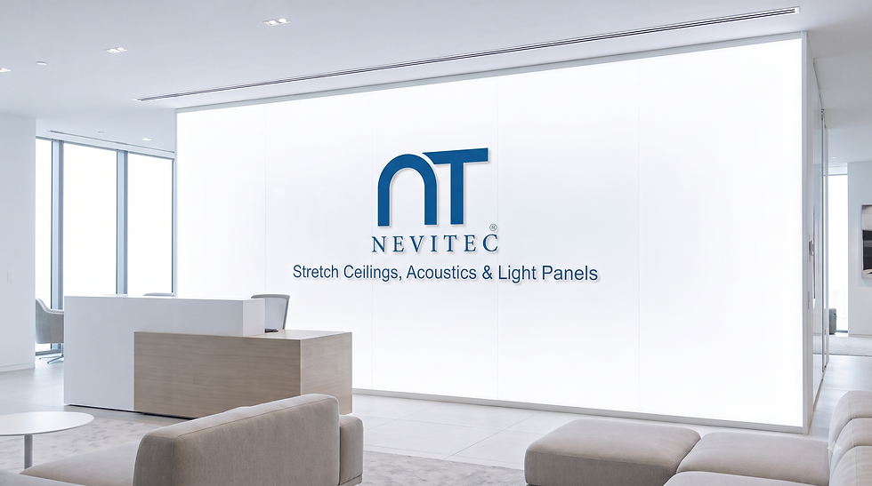 Bright modern office lobby with NEVITEC logo and Stretch Ceilings, Acoustics & Light Panels on a glowing white wall