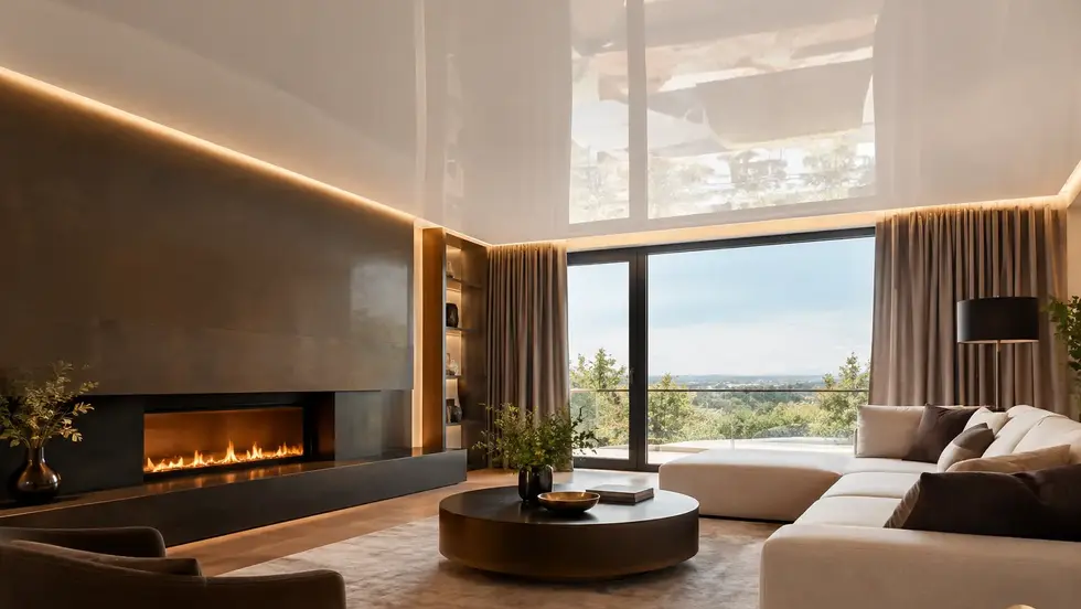 High-gloss stretch ceiling with perimeter LED lighting in a lounge