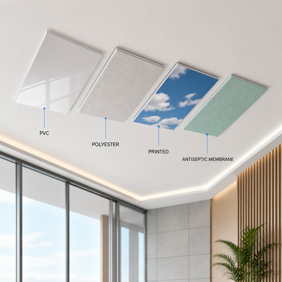 Stretch ceiling and lighting options: PVC, Polyester, Printed, and Antiseptic Membrane