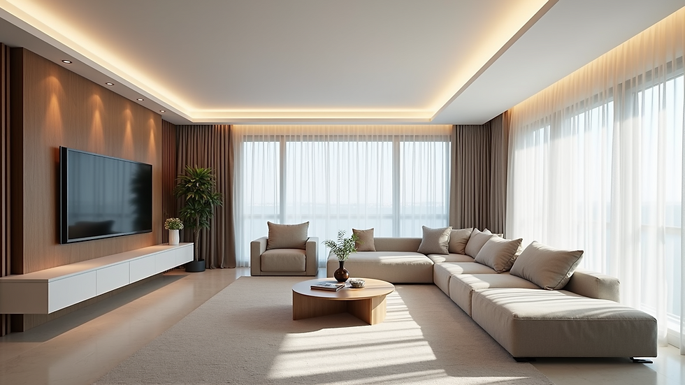 Eye-level view of a modern living room with a white stretch ceiling and integrated lighting