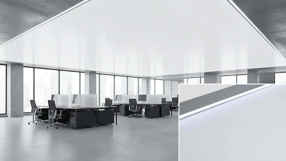 Eye-level view of a modern office interior featuring a smooth, white stretch ceiling