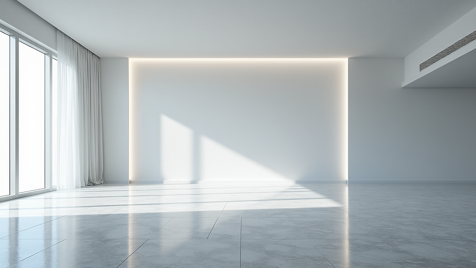 High angle view of a spacious room with a white stretch ceiling and soft lighting
