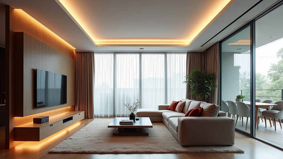 Eye-level view of a modern living room with a sleek stretch ceiling and integrated LED lighting