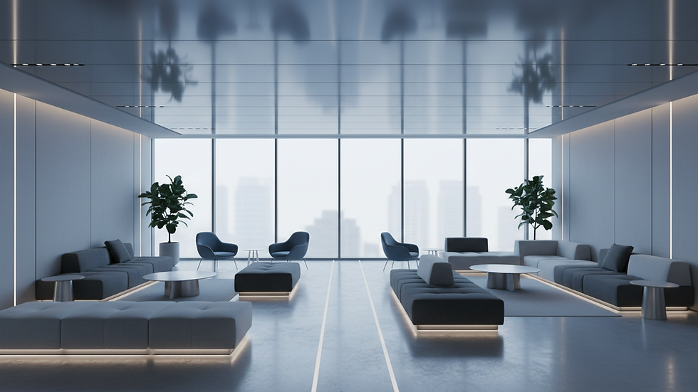 Eye-level view of a modern lounge area with stretch ceiling and soft lighting