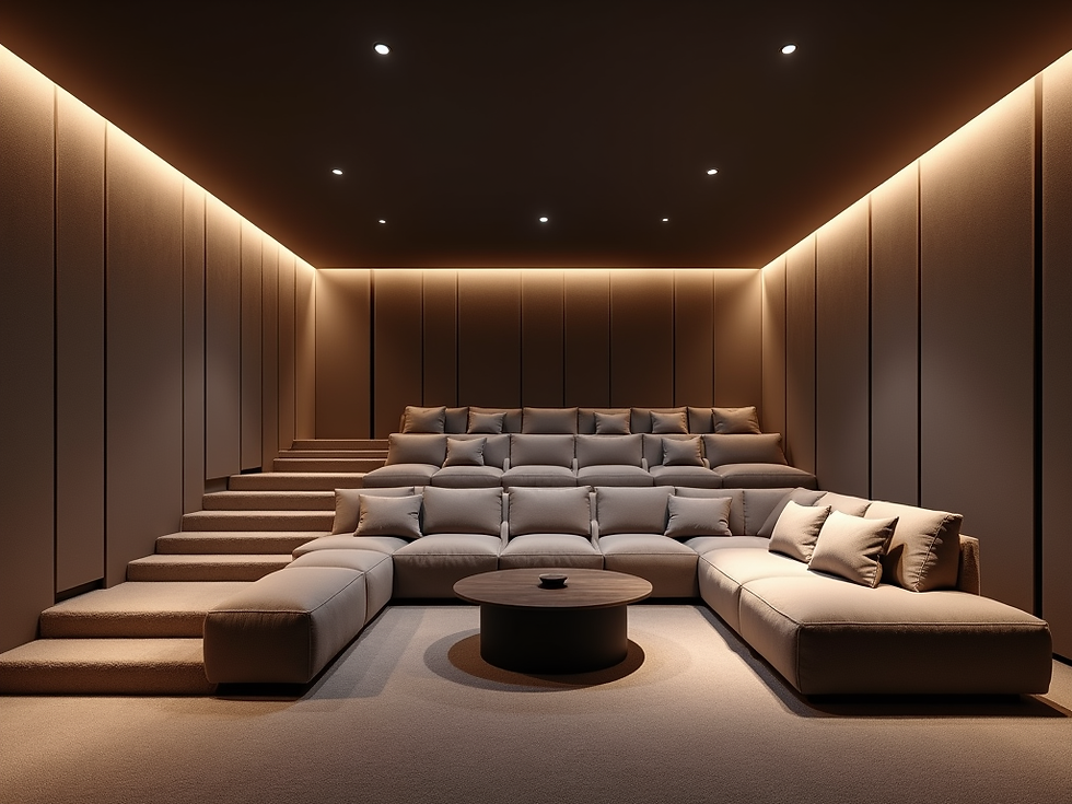 A modern, minimalist home cinema room with plush seating and acoustic panels on the walls,