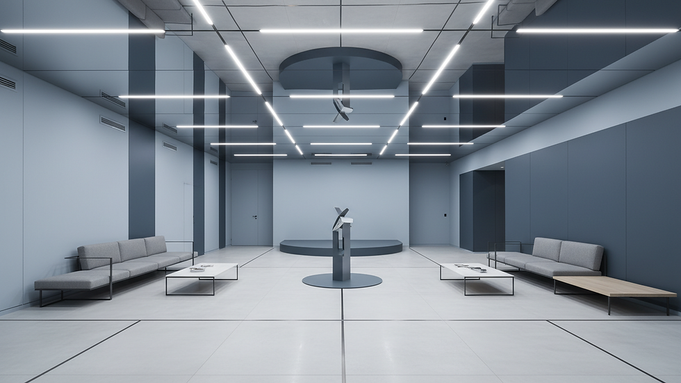 High angle view of a modern room with a stretch ceiling and recessed lighting