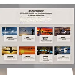 Hands holding a tablet displaying an aviation-themed website with multiple sections like Approach, Tower, and Ground. The mood is informative.