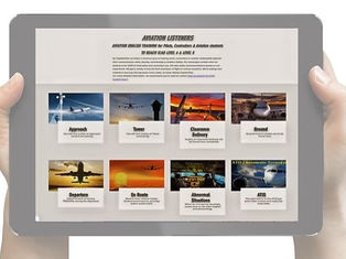 Hands holding a tablet displaying an aviation-themed website with multiple sections like Approach, Tower, and Ground. The mood is informative.
