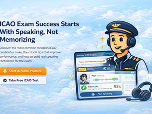 Cartoon pilot with headset, sky background, text: ICAO Exam Success Starts With Speaking, Not Memorizing. Buttons: AI Voice Practice, Free ICAO Test.