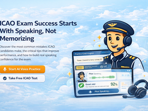 Cartoon pilot with headset, sky background, text: ICAO Exam Success Starts With Speaking, Not Memorizing. Buttons: AI Voice Practice, Free ICAO Test.