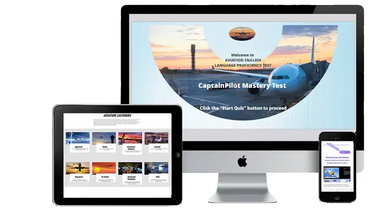 Computer, tablet, and phone displaying "CaptainPilot Mastery Test" with an aviation theme, featuring a sunset sky and airplane image in the background.