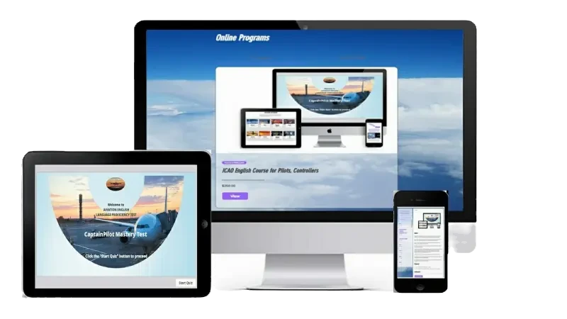 a computer monitor a tablet and a cell phone displaying icao english course for pilots controllers