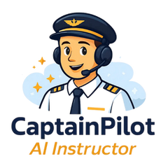 Smiling pilot cartoon wearing a headset, set against a sky with stars. Text below reads: CaptainPilot AI Instructor. Mood is friendly.