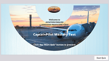 CaptainPilot Mastery Test welcome screen showing a parked commercial aircraft at a gate during sunrise, with a prompt to start the Aviation English Language Proficiency quiz.