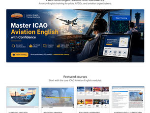 Aviation English training homepage with pilots in a cockpit, plane overhead, Start Training buttons, and featured course cards