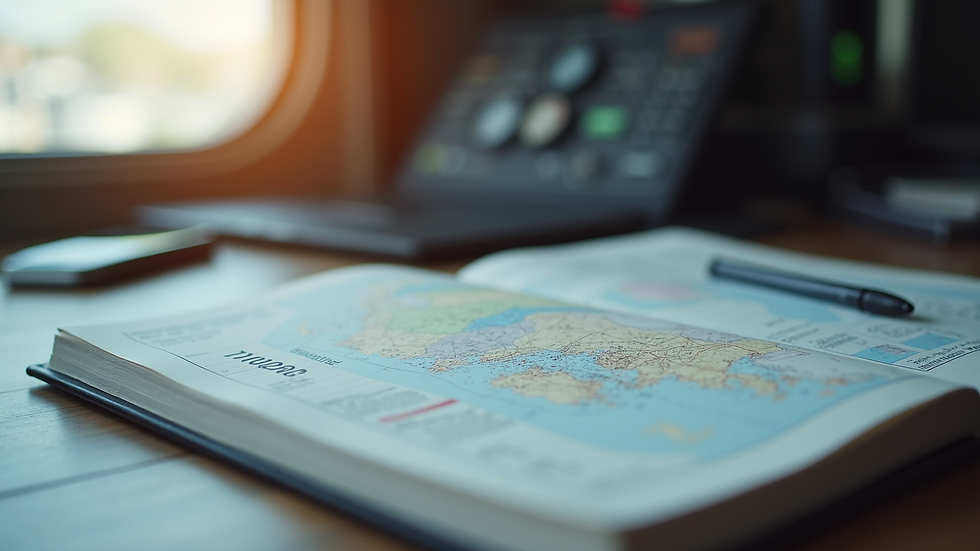 Close-up view of a pilot’s logbook and aviation charts
