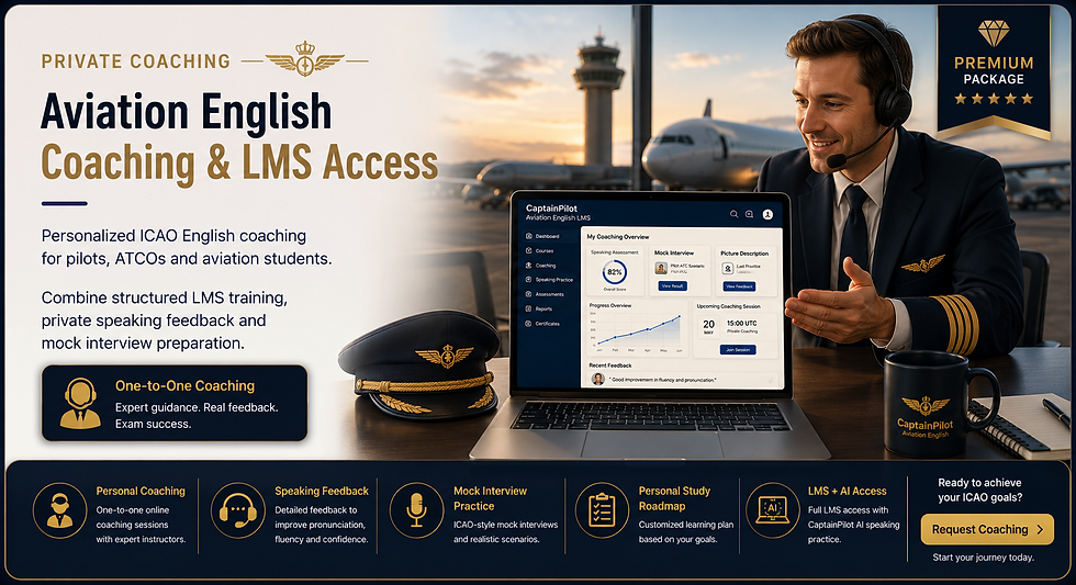 Aviation English coaching ad with pilot in headset at airport, laptop dashboard, planes at sunset, and Request Coaching button.